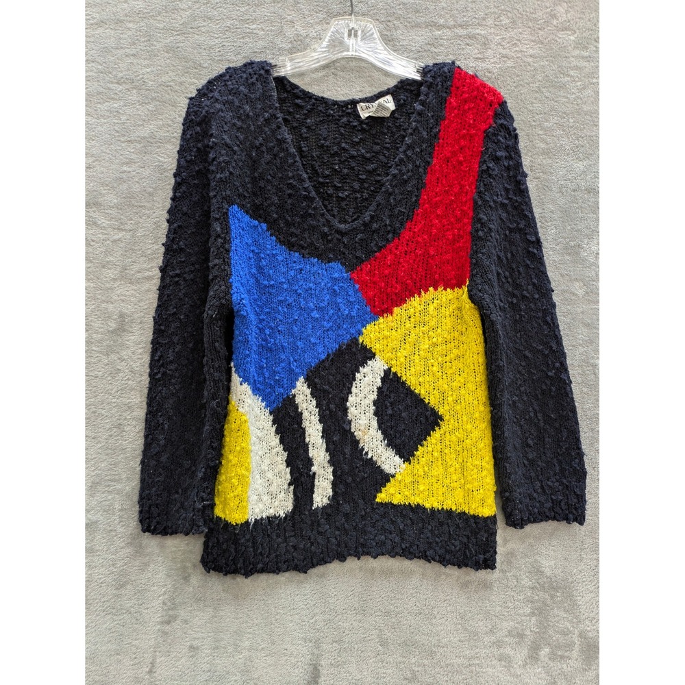 Vintage Sweater Women Large Pop Art Knit Art to Wear Abstract Colorblock READ